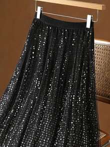 高腰透视亮片网纱半身裙，女士夏季飘逸A字裙，适合早午餐场合 - 黑色 - 查看 6