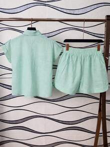 Women's Shirt And Shorts Set With Lining - Cadet Blue - View 2