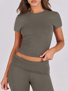 Lounge Sets For Women 2 Piece Foldover Yoga Flare Leggings Pants Crop Tops Casual Y2K Outfits Matching Tracksuit Set - Gray - 查看 4