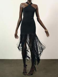 Đầm hai dây gợi cảm cho nữ, kiểu dáng xòe, có tua rua, thích hợp cho tiệc tùng, du lịch/kỳ nghỉ/đi biển, tiệc sinh nhật, kỷ niệm, dạ hội trang trọng. - màu đen - Xem 4