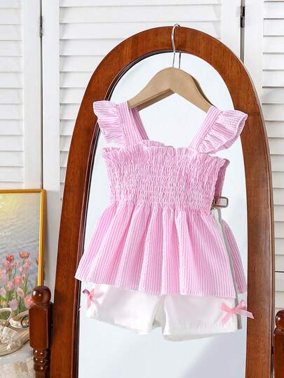2pcs/Set Baby Girls' Sweet Striped Ruffle Camisole Top + Solid Color Shorts With Bow Decor, Summer