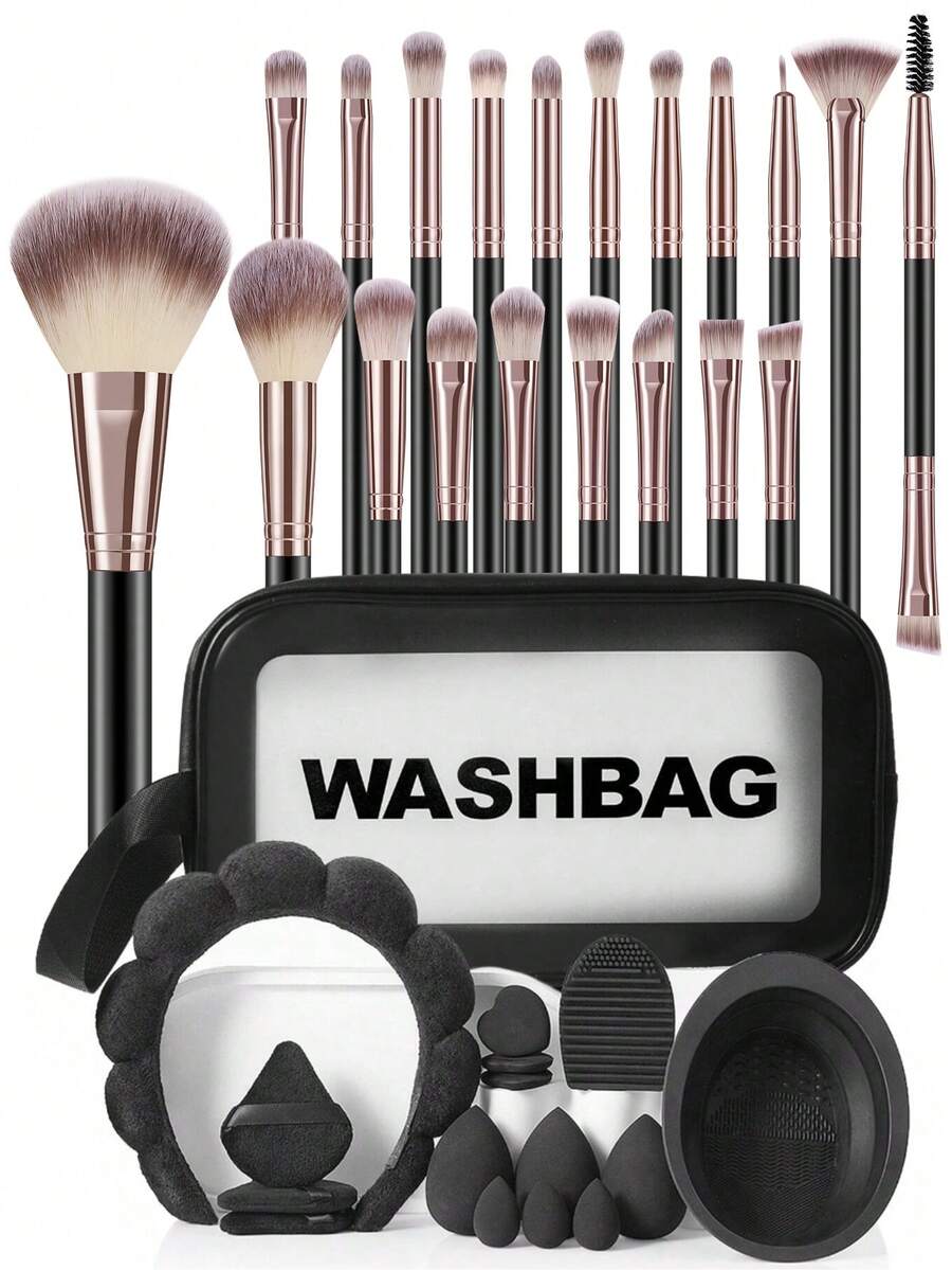 36PCS Makeup Tools Set Including:20PCS Makeup Brush Set+1pc Multi-Functional Zipper Toiletry And Cosmetic Bag Waterproof+3PCS Makeup Sponges+3PCS Mini Makeup Sponges+3PCS Triangle Powder Puffs+3PCS Mini Air Cushion Powder Puffs+1pc Hairband+2PCS Makeup Brush Cleaning Tools - Black - View 1