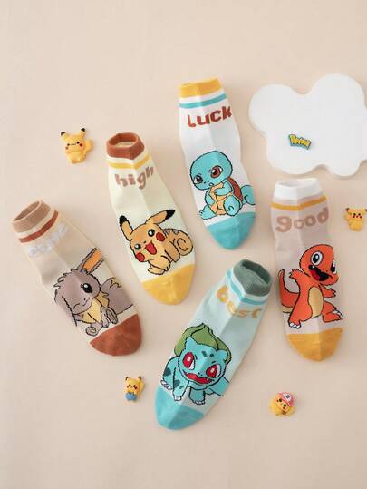 pokemon 5双装宝可梦系列皮卡丘条纹字母卡通可爱彩色提花船袜，运动袜，四季皆宜，欧美尺码，舒适透气耐穿，色彩鲜艳，适合日常穿着，优质面料，吸汗透气