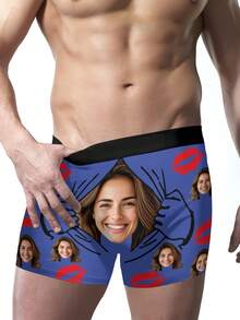 1 Pc Custom Men's Boxer Briefs, Personalized Face Customization, Printed With Christmas Elements Such As Snowflakes And Christmas Trees, As Well As Customizable Character Patterns. Personalized Photo Men's Boxer Shorts, Sweet And Romantic Long Men's Underwear, A Gift For Your Beloved, Anniversary Gift, Wedding Gift, Couple Gift, Best Friend Gift, Boyfriend/Husband/His Gift - Màu xanh lam - Xem 5