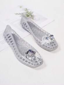 Koreanischer Stil Gelee-Schuhe für Frauen, modische flache Slip-On Lässig Schuhe mit niedrigem Schaft, Cut Out quadratischen Zeh - Silber - Übersicht 6
