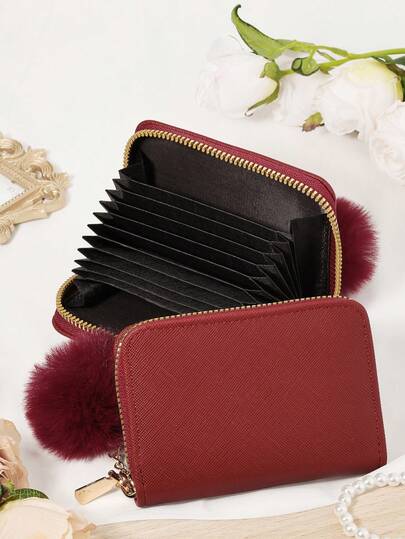 Decorated With A Furry Pom Pom Charm,Wine Rred With A Pom-Pom Charm,Versatile Coin Wallet,Letter Graphic Card Holder Multi-Card Card Organizer For Storage Credit Cards School Supplies For School Dorm Room