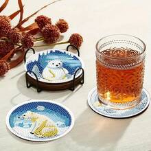 Set di 8 sottobicchieri con motivi di animali artici e antartici, dipinti con diamanti, con supporto, materiali per pittura per principianti, base in legno rotonda con supporto, sottobicchieri isolanti per decorazione della casa, accessori per la scrivania dell'ufficio, regalo di San Valentino - Multicolore - Visualizzare 3