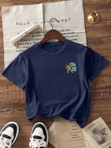 Tween Boys Casual Printed Crew Neck Short Sleeve T-Shirt, Summer Top - Navy Blue - View 4