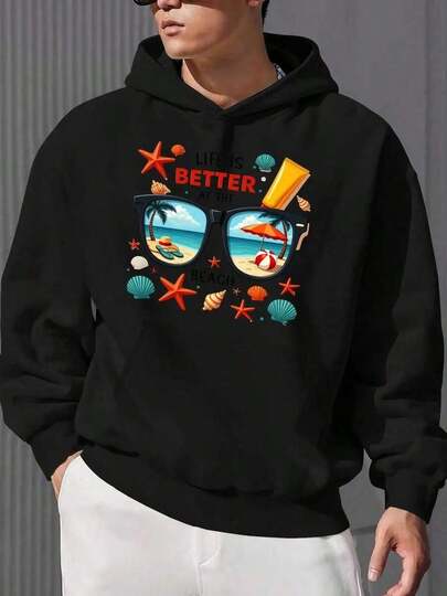 Plus Size Men's Beach Graphic Hooded Sweatshirt - Vibrant Green Relaxed Fit With "Life Is Better Each Beach" Print, Palm Trees & Fashion Glasses Design, Machine Washable Casual Pullover, Summer Hoodie, Design, Breathable Fabric, Long Sleeve Hoodie, Big And Tall Men, PLUS SIZEY2K-W-Hoodie