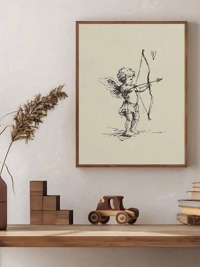 1幅复古丘比特素描墙画，古董小天使爱情插画，浪漫中性丘比特天使墙画，哥特式象征小天使雕像印刷品，情人节礼物，情侣礼物，送给朋友的理想礼物，卧室艺术印刷品，客厅装饰，办公室装饰，厨房装饰，墙画，墙面装饰，家居装饰，房间装饰，帆布墙画，海报，带框墙画，可选画框