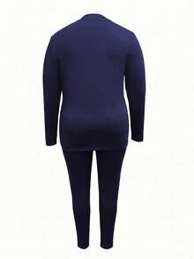 Plus Size Women's 2-Piece Set, Sexy Hollow-Out Long Sleeve Top And Perforated Design Pants, Suitable For Spring And Autumn Elegant - Navy - View 7