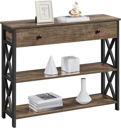 Console Table With Drawer, Entryway Table With 3 Tier Storage Shelves, Narrow Long Sofa Tables For Entryway, Living Room, Hallway, Couch, Kitchen, Metal Frame,Taupe Wood
