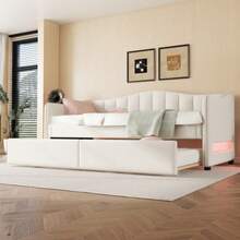 Daybed, 90x200cm Daybed With Pull-Out Bed, Sofa Bed, Single Bed (Without Mattress), Ambient Lighting Design, Linen, Minimalist Styling, Beige - White - View 5