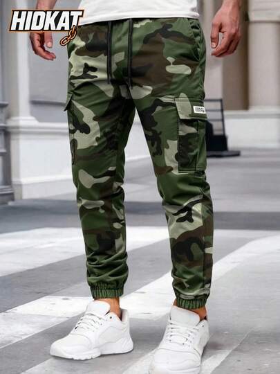 Hidkat 男士轻薄迷彩工装裤，大口袋设计，弹性腰带配抽绳，透气慢跑裤，适合休闲户外活动，春秋季