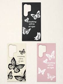 3pcs Butterfly Pattern Phone Cases, Motivational Slogan Positive Energy Phone Cases, Faux Leather Texture Black White Pink Shockproof Protective Covers, Compatible With IPhone & - Multicolor - View 32