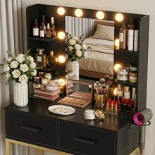 Furniwell Vanity Desk With Mirror And Lights, Makeup Vanity Table With 2 Drawers & Storage Shelves, Large HD Mirror, 3 Color Modes & Adjustable Brightness, Modern Dressing Table For Bedroom - Xem 5