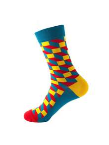 1双男女通用菱形印花透气中筒袜，适合日常穿着和派对，四季皆宜 - 彩色 - 查看 3