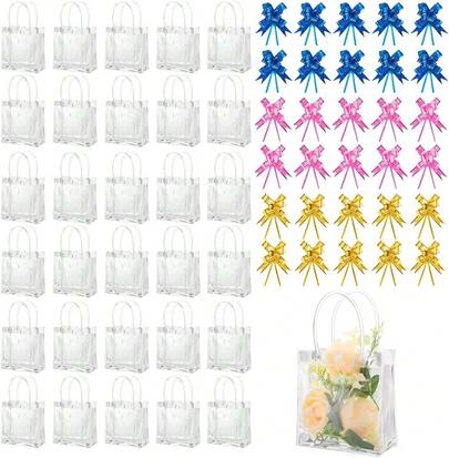 30 bolsas de regalo de plástico transparente, 30 lazos de cinta, con asas, fabricadas en PVC, reutilizables, bolsas de mano transparentes, adecuadas para dulces, snacks, eventos escolares, fiestas de cumpleaños, etc.