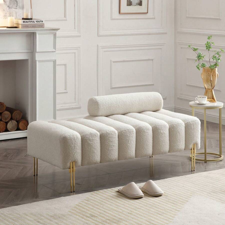 Mikibama 53.2" Width Ottoman Bench, Teddy Upholstered Modern Loveseat Sofa With Metal Legs, Comfy Love Seat Couches With Adjustable Backrest, End Of Bed Bench For Bedroom, Entryway - 米色 - 查看 1