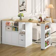 Kitchen Island With Extendable Worktop, 115cm Long Storage Island With Shelves On Three Sides And Two Drawers, Coffee Corner, Extendable Wooden Dining Table, Ideal For Dining Rooms And Home Bars - Natural Wood Color + White - View 4