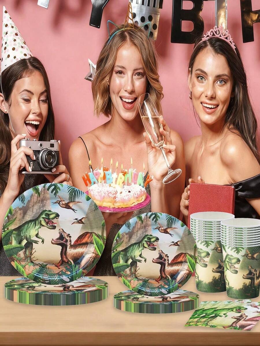 10件套恐龙主题生日派对用品，恐龙世界生日快乐派对一次性餐具套装，包括盘子、餐巾纸、杯子，10件派对必备品 - 彩色 - 查看 1