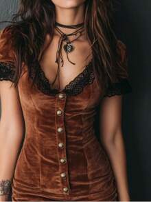 Women Velvet Button Front Mini Dress With Lace Trim Short Puff Sleeve Fitted Party Wear - 棕色 - 查看 2