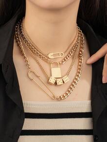 1pc Women's Exaggerated Striped Pendant Necklace With Lock, Dice And Layers, Everyday Wear - Yellow Gold - View 6