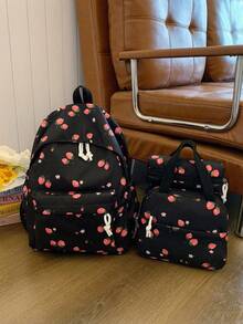 3pcs Strawberry Print Backpack Set, Including Backpack, Lunch Bag And Pencil Case, With Laptop Compartment, Adjustable Straps And Multiple Pockets, High Capacity Student Backpack, Multipurpose Daily Bag, Suitable For Girls/College Students/Graduates For Daily Use/Vacation/Travel/Back To School - Multicolor - View 13