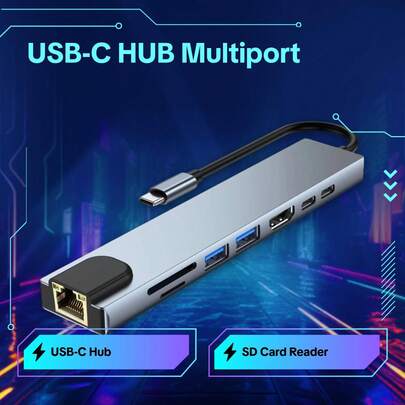 USB-C 集线器适配器扩展坞，带 USB 3.0 端口、SD 卡读卡器和 100Mbps 以太网端口