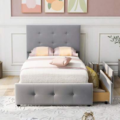 Upholstered Bed 90 X 200 Cm, Slatted Base, Headboard And Two Drawers, Single Bed, Height-Adjustable Headboard, Soft, Skin-Friendly Velvet Fabric, Grey, Flat, Children's Bed, Junior Bed, Guest Bed (Mattress Not Included)