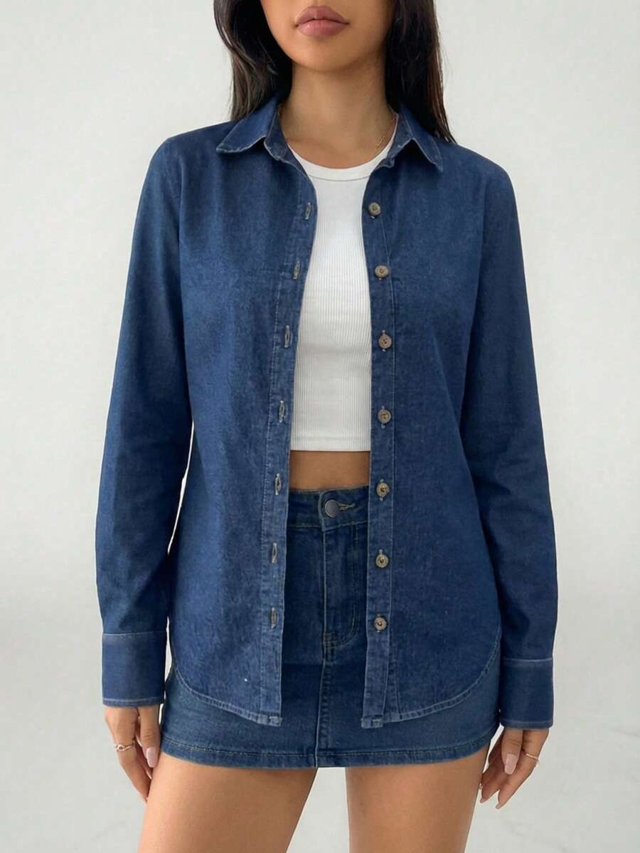 Camisera de Mezclilla Liso Casual Desgarro Botón - Azul Marino - Ver 1