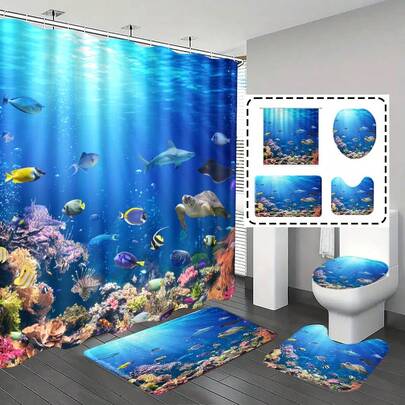 1pc/4pcs Tropical Fish & Coral Pattern Bathroom Curtain Set, Shower Curtain, Bathroom Decor, Bath Mat, Bathroom Mat, Home Decoration, Ocean Theme, Includes 12 Hooks As Gift