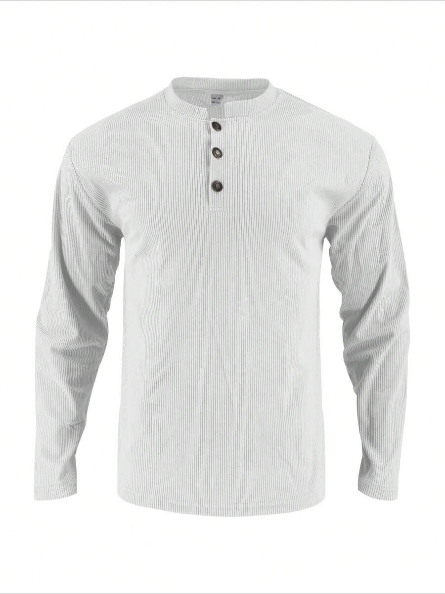 2026 nuevo hombre al aire libre versátil casual pana blusa top color sólido cuello redondo manga larga - Blanco - Ver 1