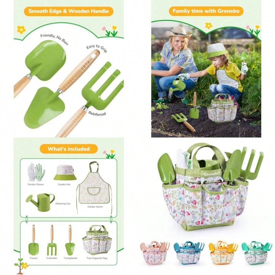 Gardening Set Toys Quality Garden Tool Kit For And Toddlers Includes Two Shovels Garden Hat Rake Apron Gloves Watering Can And Tool Bag GreenChildren's Growth Games, Fun And Joyful, Essential For Childhood - Agreen - View 1