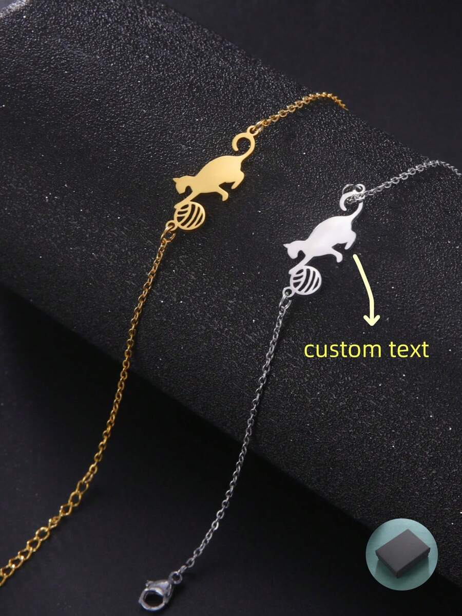1 Pc Customizable Stainless Steel Cute Cartoon Animal Beaded Charm Cat Pendant Stainless Steel Simple And Unique Style Bracelet - Multicolor - View 1