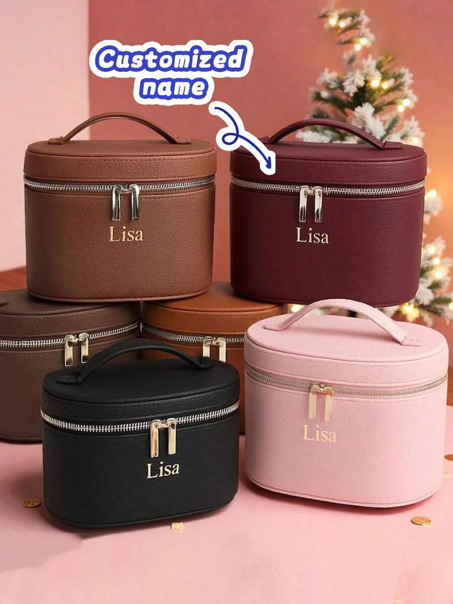 (Customized Text) Large Capacity Travel Cosmetic Bag | Upright Makeup Bag | Multi-Functional Makeup Brush Organizer | Mauve Pink, Morning Mist White, Freestanding, Zipper Closure, Lightweight & Portable, Travel Essentials, Personalized Gift