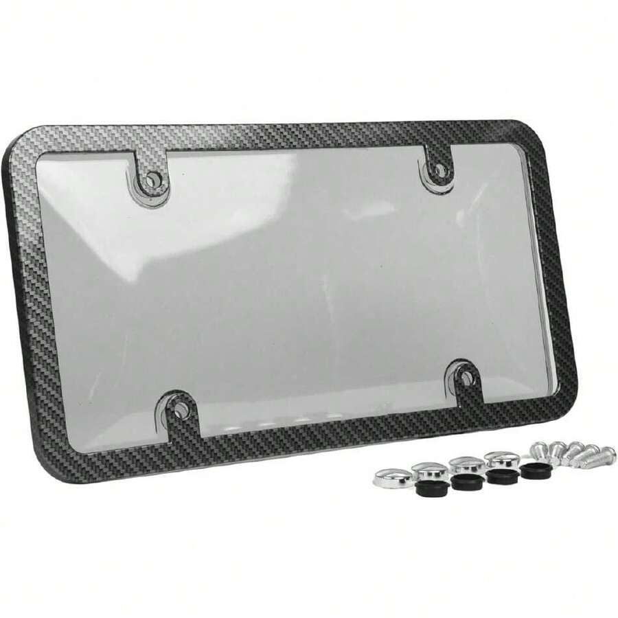 1 Pz Porta Placas Metálica Diseño de Fibra de Carbono con Mica Transparente Protectora. Marco y Cubre Placas para Auto y Matrícula.,40982596 - A - Ver 1