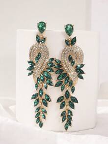 1 Pair Elegant Long Leaf-Shaped Earrings, Inlaid Resin Diamonds, Exaggerated Leaf Design With Long Tassel, Luxurious And Suitable For Special Occasions - Leaf Notes - View 2