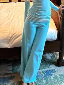 Women Y2k Low Waist Loose Fit Trousers Cute Striped Wide Flare Leg Pants Stretchy Folds Over Lounge Home Sweatpants - 藍色 - 查看 3