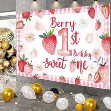 2D - A Unique 2D Birthday Parties - Pink Decoration With Words Berry 1st Birthday, Adorned With Strawberries And Flowers, Children's Joyful Celebrations. Suitable As A Holiday Background - 彩色 - 查看 2