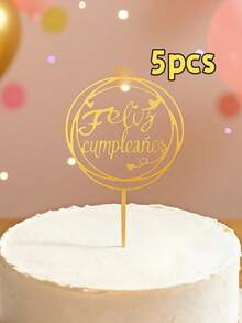 1/3/5件套西班牙风格亚克力生日蛋糕（带姓名牌），生日快乐PMMA蛋糕装饰插牌，蛋糕装饰，烘焙装饰，烘焙用品，厨房用品，适用于万圣节、圣诞节派对和庆祝活动装饰 - 金色 - 查看 10