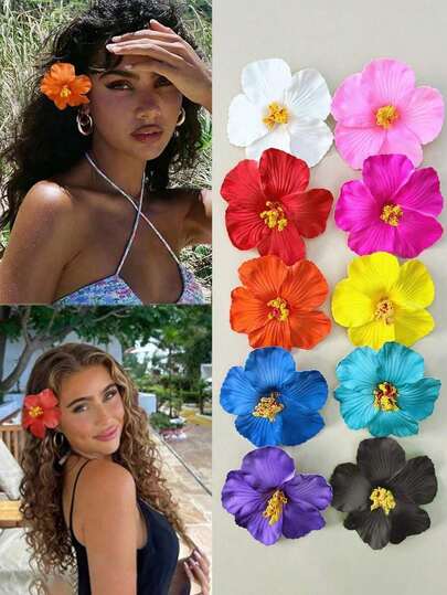 10pcs Hawaiian Flower Hair Clips, Ladies Hibiscus & Lotus Flower Hair Clips, Fashion Artificial Flower Hair Clips, Summer Holiday Beach Party Hair Accessories, Autumn Travel Outfit, Bohemian Style, Elegant Ladies Hair Clips, Autumn/Winter Hair Accessories, Women Hair Clips, Beach Photo Props, Valentine's Day Gift, Hair Claws, Hair Clips, Head Accessories, Hairpin