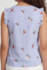 Textured Sleeveless Blouse - Blue and White - View 4