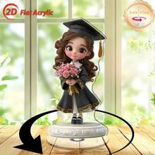 2D Flat - 1pc Cute Cartoon Graduate Girl Desktop Decor - 2D Flat Rotating Acrylic Desktop Decor With Bouquet, No Power Needed, Suitable For Office, Home Or Graduation Party Decor, Student Graduation Gift, Graduation Decor, Playful Design, Detailed Craftsmanship - A - View 2