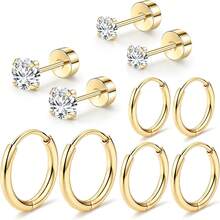 5 Paar Edelstahl Ohrringe Set, geeignet für empfindliche Ohren, kleine goldene & silberne Creolen mit flachem Rücken, passend für mehrfache Ohrpiercings, Schmuckzubehör - Verschiedenfarbig - Übersicht 1