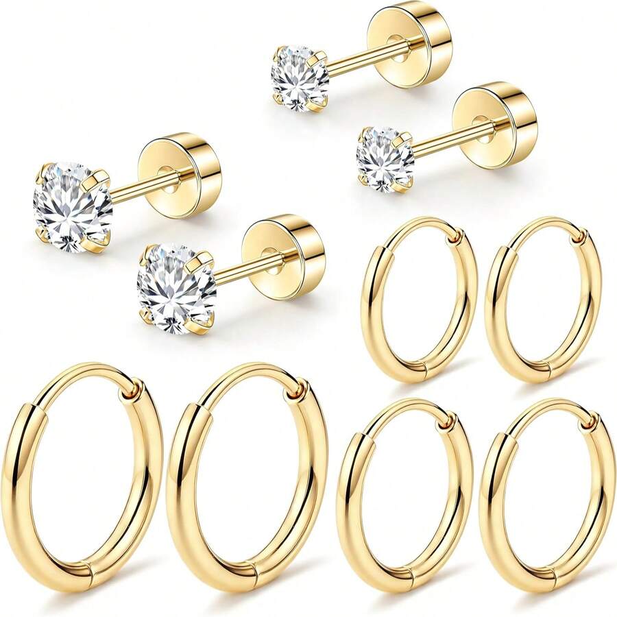 5 Paar Edelstahl Ohrringe Set, geeignet für empfindliche Ohren, kleine goldene & silberne Creolen mit flachem Rücken, passend für mehrfache Ohrpiercings, Schmuckzubehör - Verschiedenfarbig - Übersicht 1