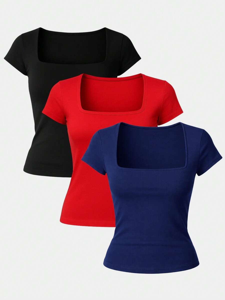 Set Of 3 Women's Short-Sleeve Blouses In Cool Mesh Spandex, Basic Square Neckline - Navy Blue, Red and Black - View 1