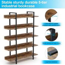 LITTLE TREE Industrial 5-Tier Bookshelf, Vintage Brown Freestanding Shelf With Sturdy Metal Frame, Easy-To-Assemble Storage Shelf For Living Room, Bedroom, Office, Space-Saving Design - màu nâu - Xem 3