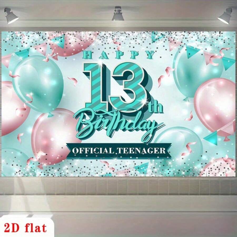 2Dflat, 1pc "Happy 13th Birthday" Banner Background, Birthday Theme, Turquoise Background Birthday Decoration, Suitable For Photography Party