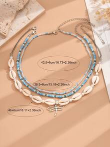 3pcs Fashionable Sexy Versatile Bohemian Ocean Style Shell, Bead & Dragonfly Pendant Necklaces, Suitable For Casual, Party, Music Festival, Beach Vacation Outfits - Baby Blue - View 3
